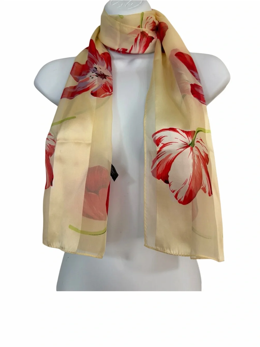 Vintage ECHO Cream Floral Oblong Silk Scarf Red White Tulip Classic Lightweight